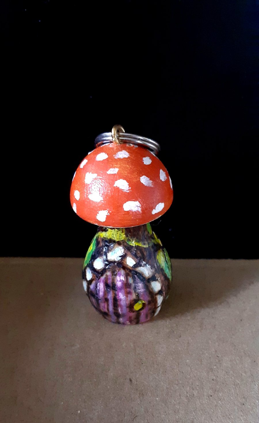 Wooden toadstool house lucky charm key fob