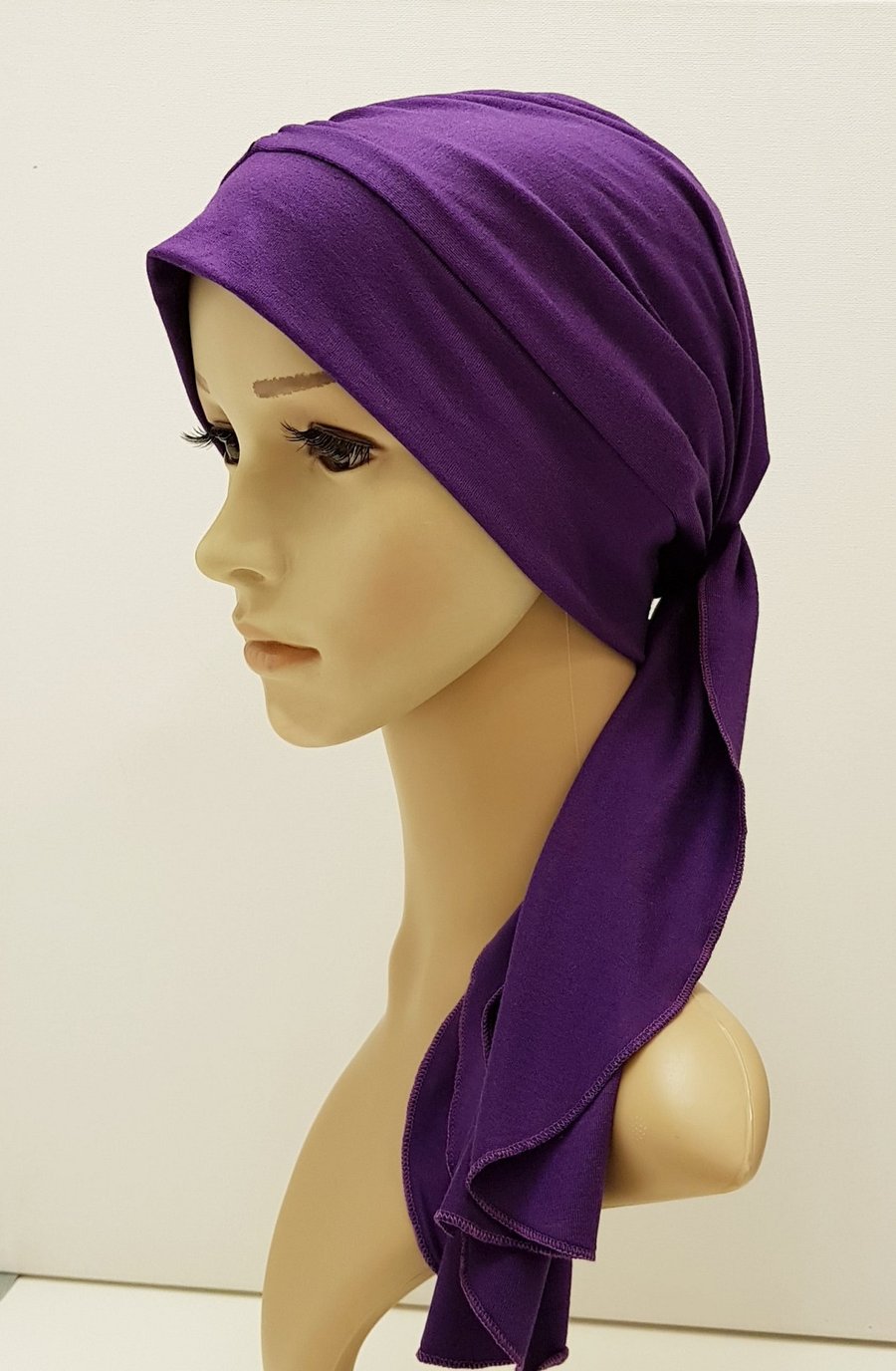 Purple head wear, turban with long ties, viscose jersey head scarf, tichel