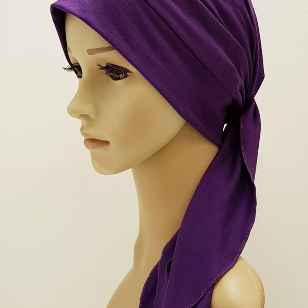 Purple head wear, turban with long ties, viscose jersey head scarf, tichel