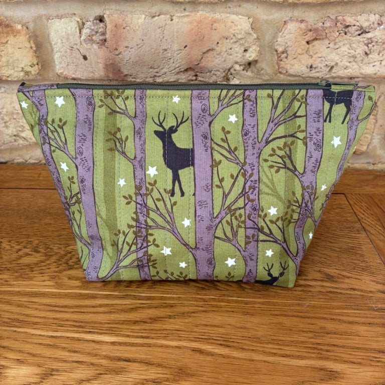 Stag And Deer Print Quilted Fabric Makeup Bag
