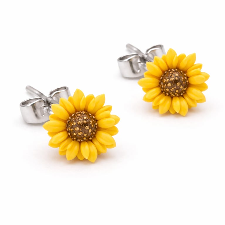 Sunflower Stud Earrings – Clay Sunflower with Resin Gloss & Sterling Silver