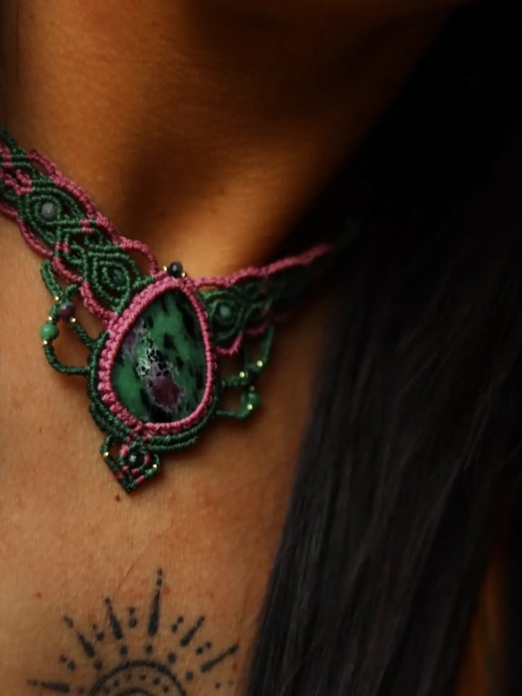 Macrame necklace with Ruby Zoisite in pink and green