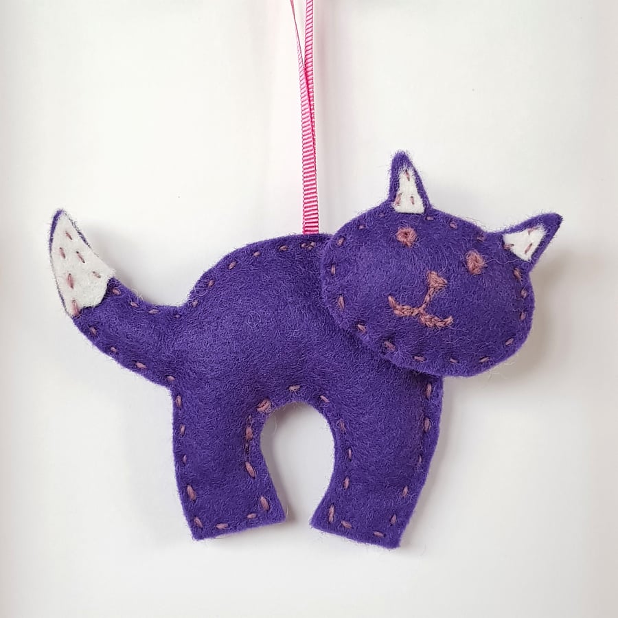 Purple & White Cat Hanging Decoration (H12.5cm padded)