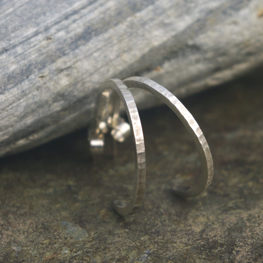 Textured Silver Hoop Stud Earrings