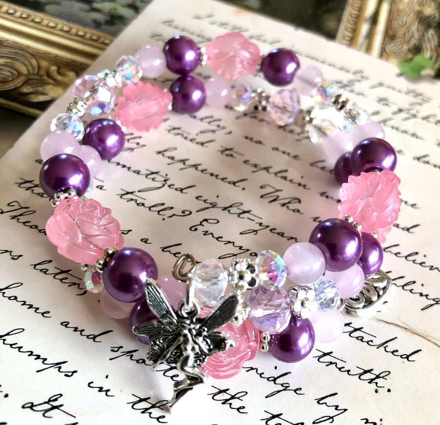 Rose Quartz Pink and Purple Beaded Fairy Heart Memory Wire Bracelet