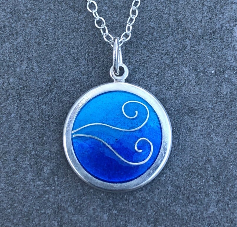 Enamel Pendant, waves pendant, ocean pendant, sea pendant, gift for her, waves, 