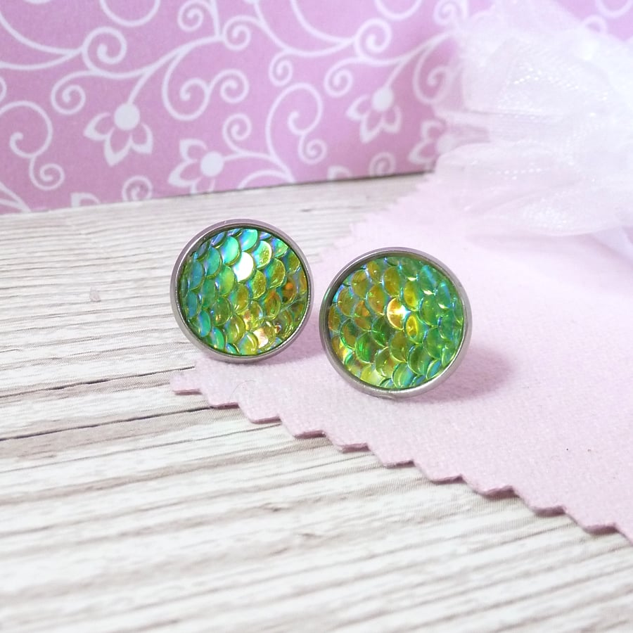 Bright green iridescent mermaid earrings, dainty green stud earrings