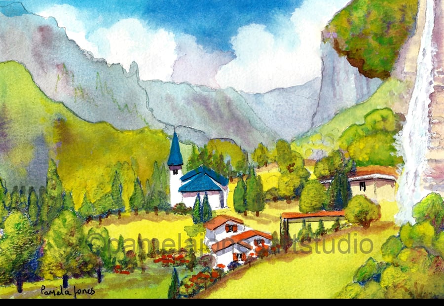 Lauterbrunnen, Switzerland, Watercolour Print, in 14 x 11'' Mount