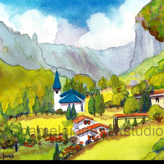 Lauterbrunnen, Switzerland, Watercolour Print, in 14 x 11'' Mount