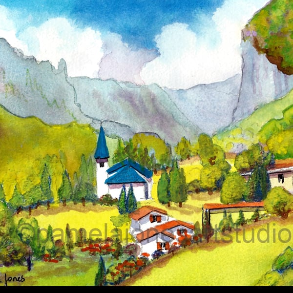 Lauterbrunnen, Switzerland, Watercolour Print, in 14 x 11'' Mount