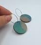Round, wooden, hand printed hoop earrings in brown pink and blue-green - Image 3