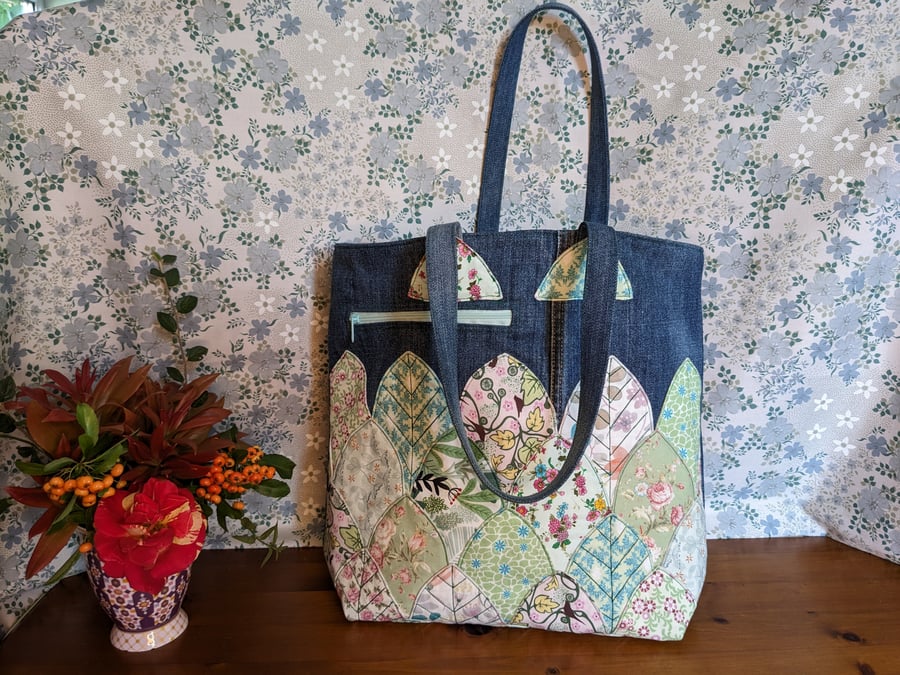 Tote Bag, Shoulder bag, upcycled jeans with floral embellishment