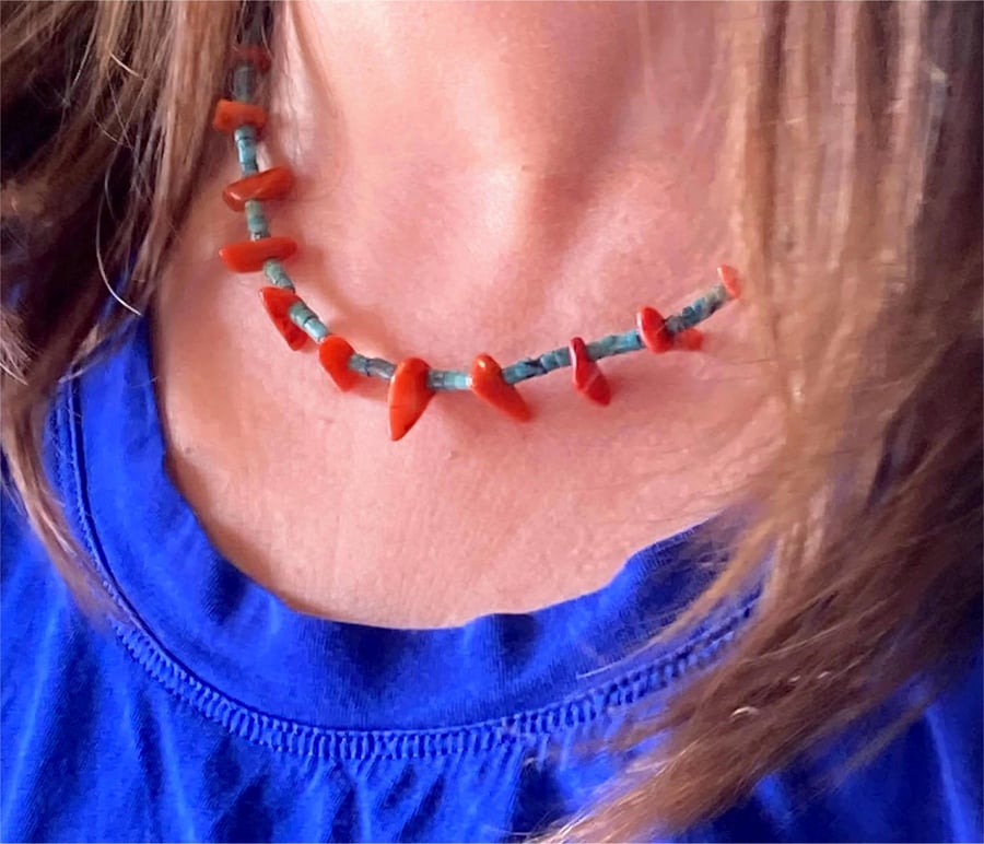 Irregular Shapes Coral Chip Beads And Turquoise Tube Beads Handmade Necklace 