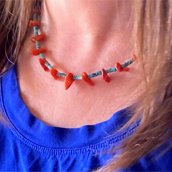 Irregular Shapes Coral Chip Beads And Turquoise Tube Beads Handmade Necklace 