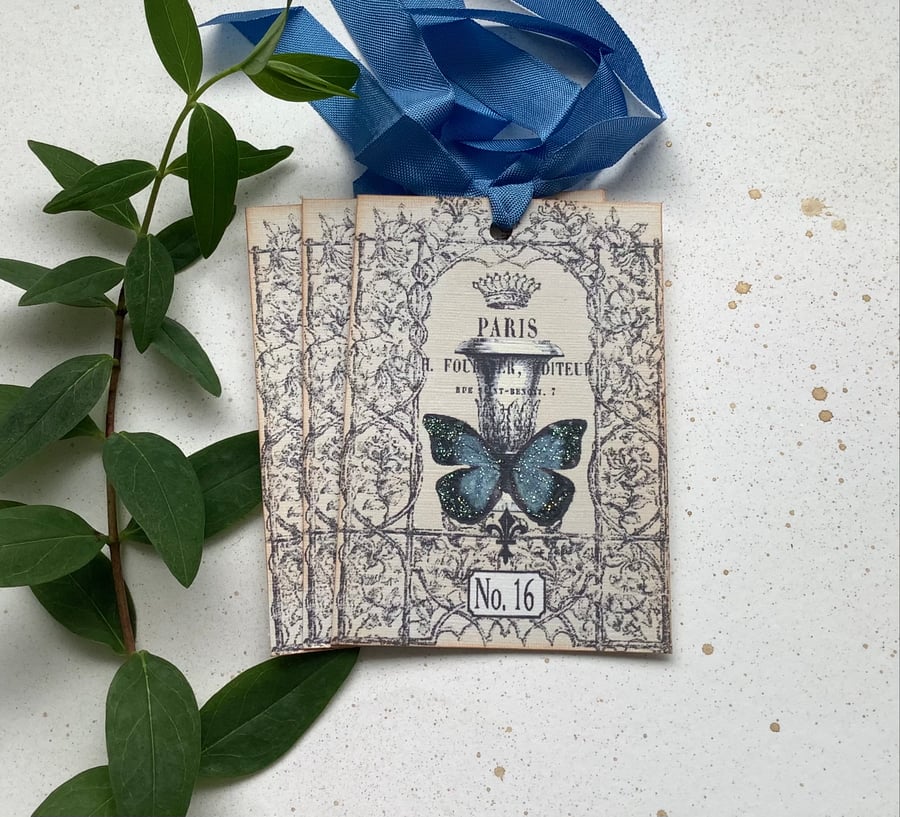 GIFT TAGS  ( set of 3 ) .Vintage -style  ' Parisian Blue '..ready to ship