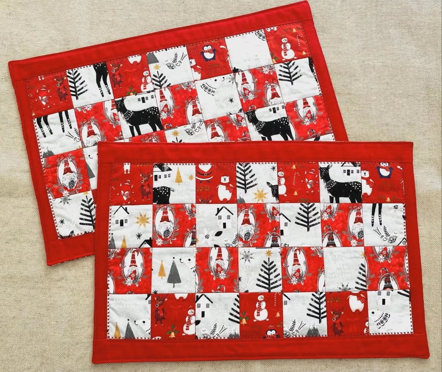 Handmade Christmas Quilted Placemats Set of 2 Red Nordic Table Mats