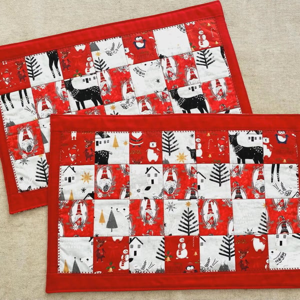 Handmade Christmas Quilted Placemats Set of 2 Red Nordic Table Mats