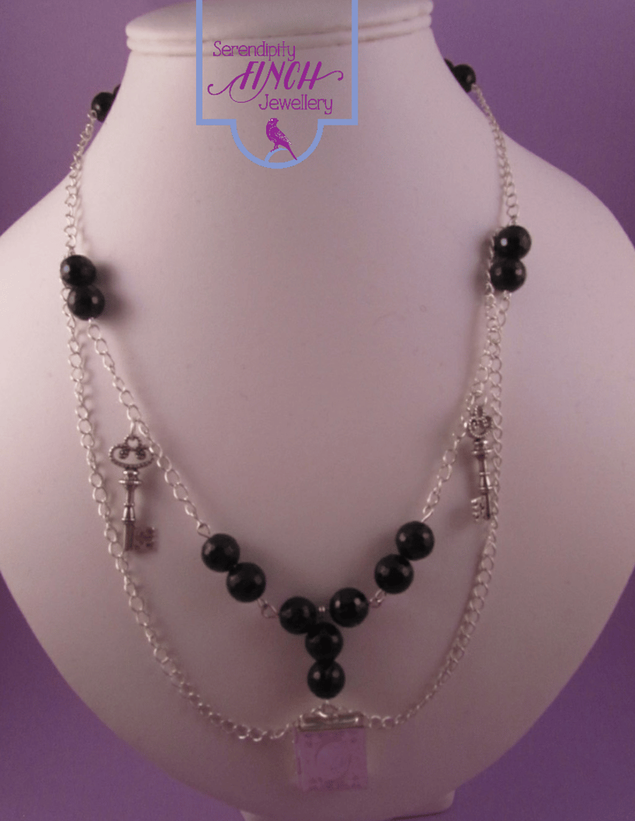 Silver Plated Locket, Key Black Agate Necklace