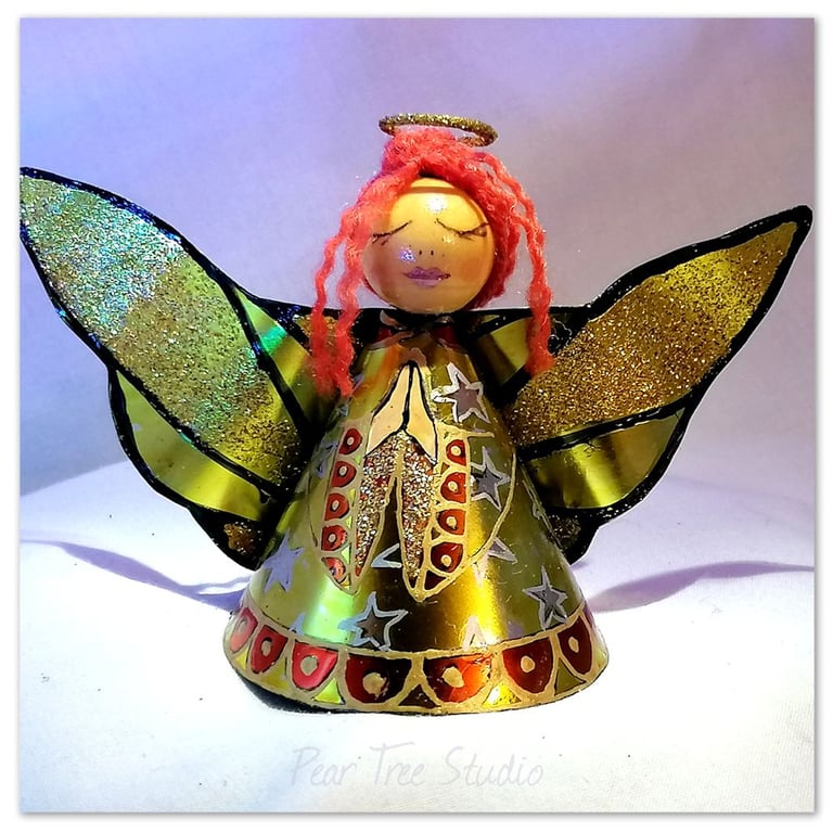 Medium: Tin Angel Christmas Tree decoration yellow dress with Orange hair