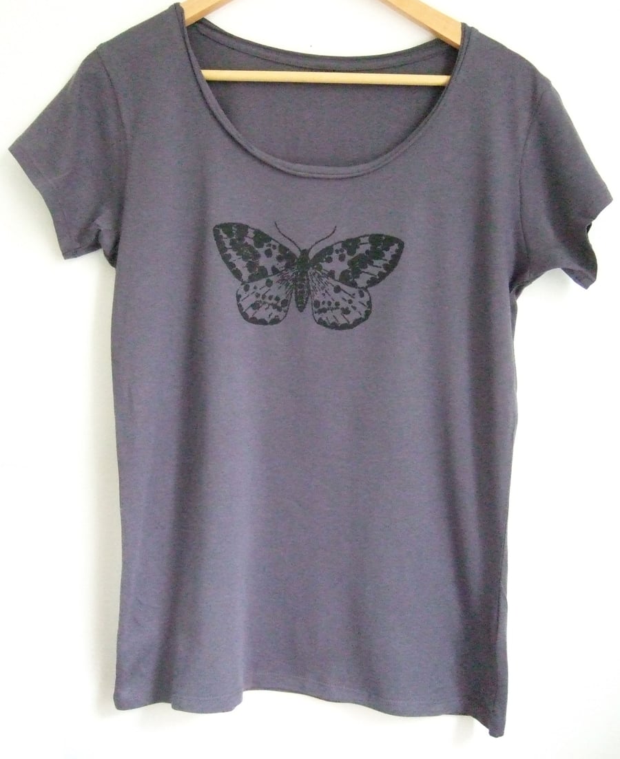 moth print womens printed cotton round neck T shirt damson and dark purple