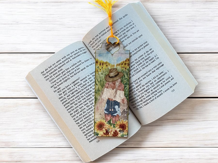 Bookmark, wooden decoupage bookmark, Sunflowers, girl
