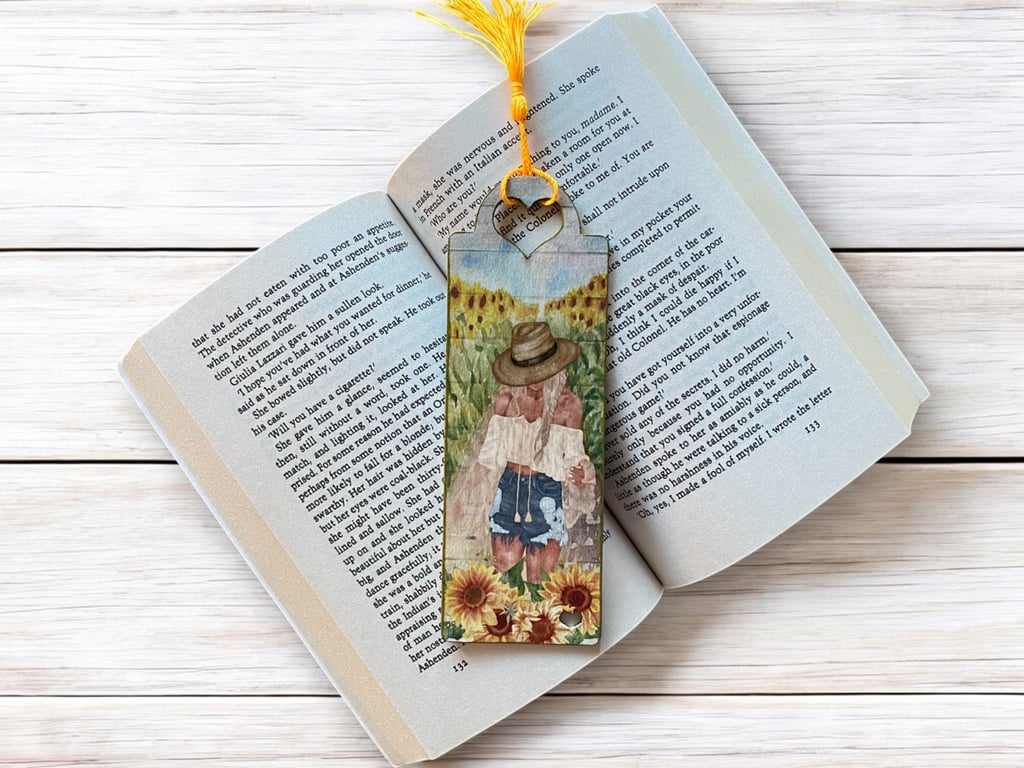 Bookmark, wooden decoupage bookmark, Sunflowers, girl