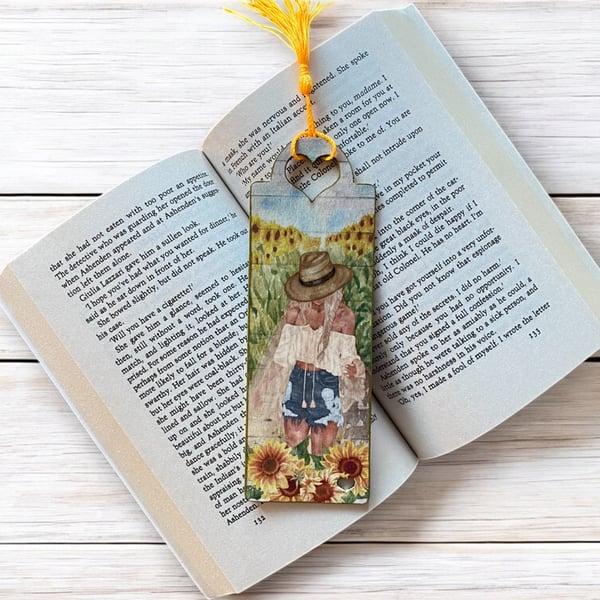 Bookmark, wooden decoupage bookmark, Sunflowers, girl