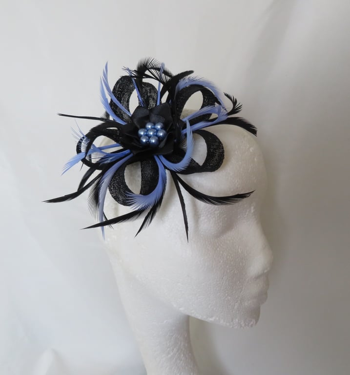 Black & Periwinkle Sky Cornflower Blue Sinamay Feather Pearl Clip Fascinator