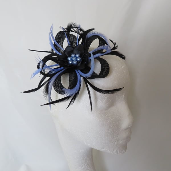 Black & Periwinkle Sky Cornflower Blue Sinamay Feather Pearl Clip Fascinator