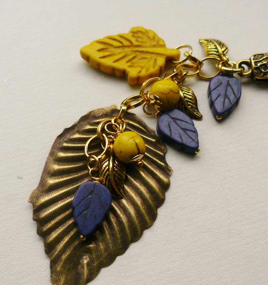 Handbag Charm Blue and Yellow Howlite Gold Plate Leaf Themed   KCJ1539