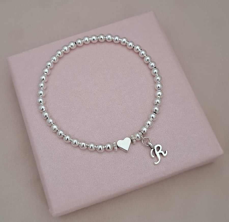  Personalised Initial Bracelet,Silver Beaded Stretch Heart Bracelet,Gift for Her