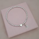  Personalised Initial Bracelet,Silver Beaded Stretch Heart Bracelet,Gift for Her