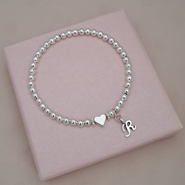  Personalised Initial Bracelet,Silver Beaded Stretch Heart Bracelet,Gift for Her