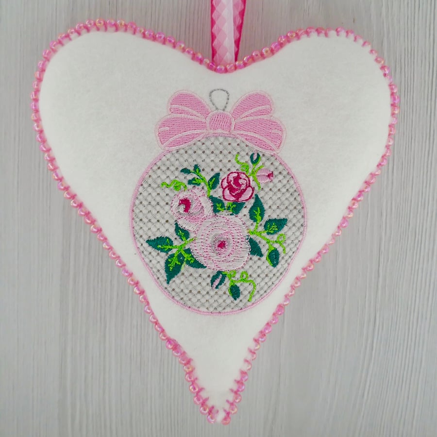 Beaded Felt Heart Decoration: Embroidered Rose Bauble design 6.25” (16cm)