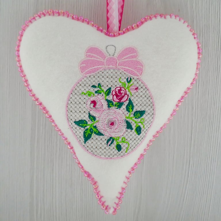 Beaded Felt Heart Decoration: Embroidered Rose Bauble design 6.25” (16cm)