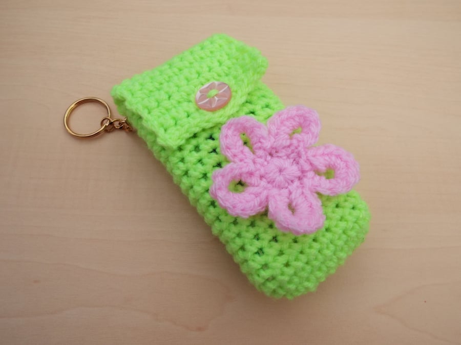 Hand crochet pocket tissue cover keyring - bright green with pink flower