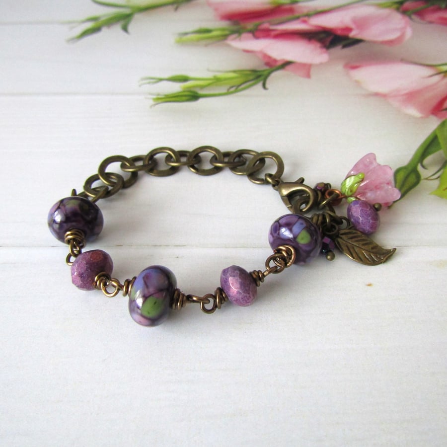 Purple Flower Beaded Antique Brass Bracelet