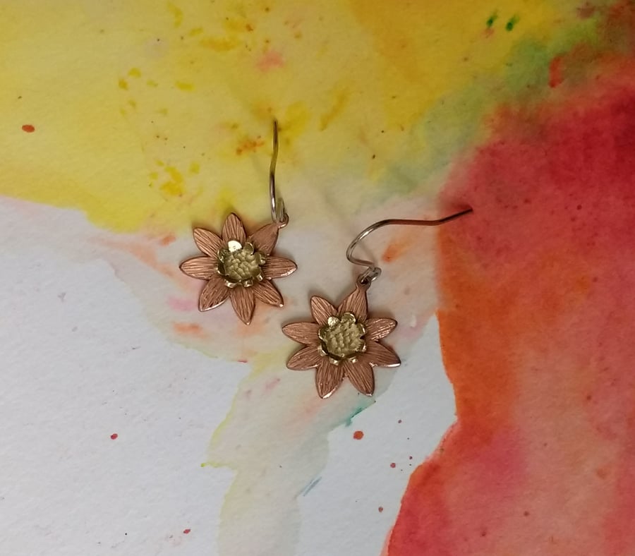 Daisy Flower Earrings, Copper & Brass