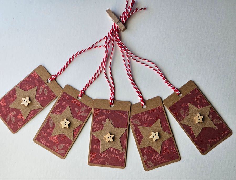 Handmade Pretty Christmas Gift Tags with Star Buttons Pack of 5 