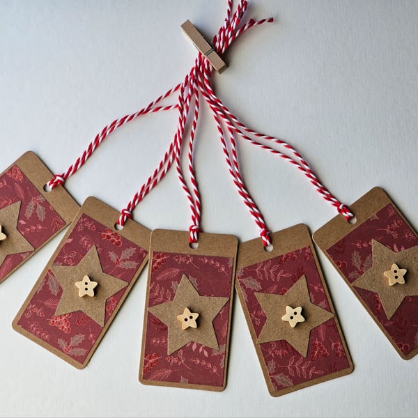 Handmade Pretty Christmas Gift Tags with Star Buttons Pack of 5 