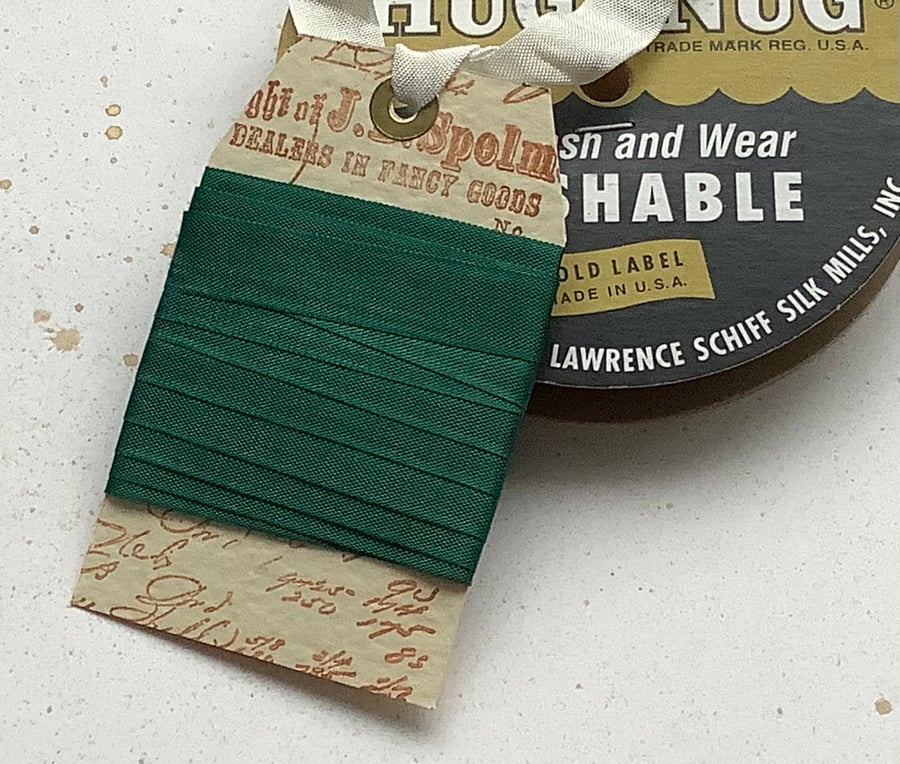 VINTAGE -STYLE ribbon . 4 yds. ( silky, seam binding ). ' Holly Green'