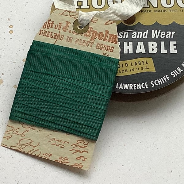 VINTAGE -STYLE ribbon . 4 yds. ( silky, seam binding ). ' Holly Green'