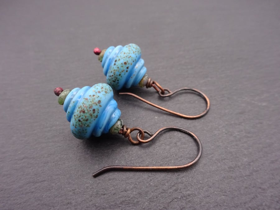 blue lampwork glass and copper earrings