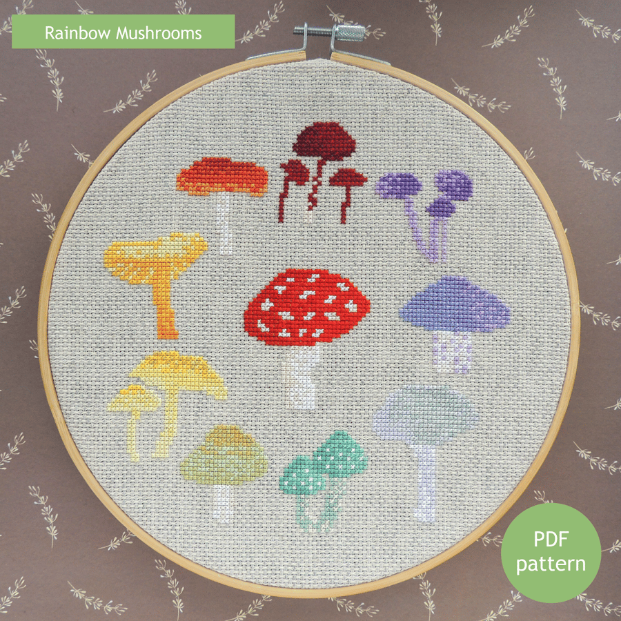Rainbow Mushrooms cross stitch pattern PDF - autumn DIY decor