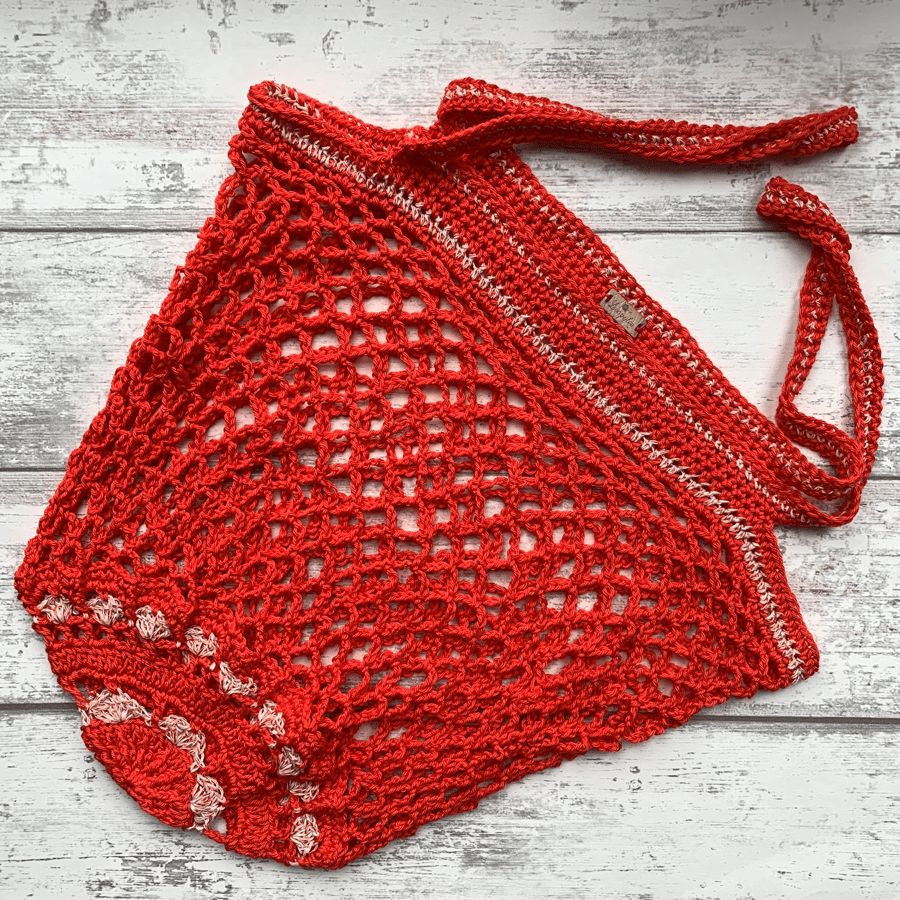 Cotton crochet string market festival beach tote bag in coral red