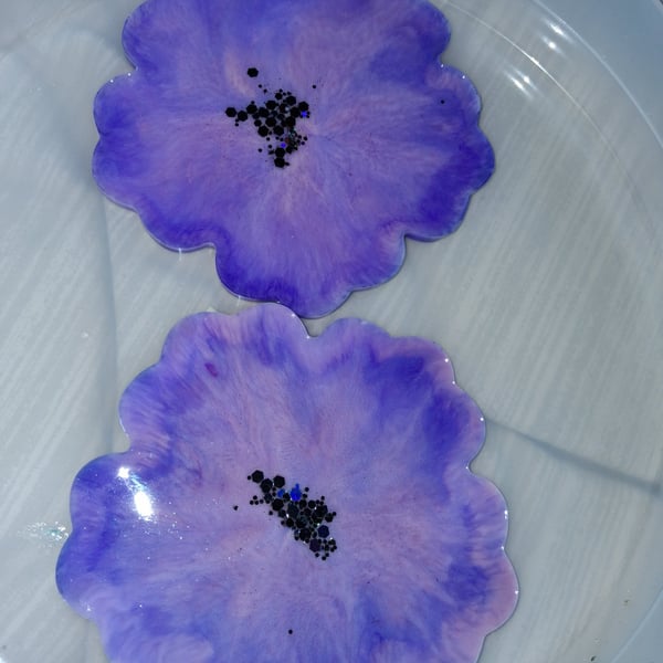 Set of two handmade epoxy resin flower coasters. (Reversible) 
