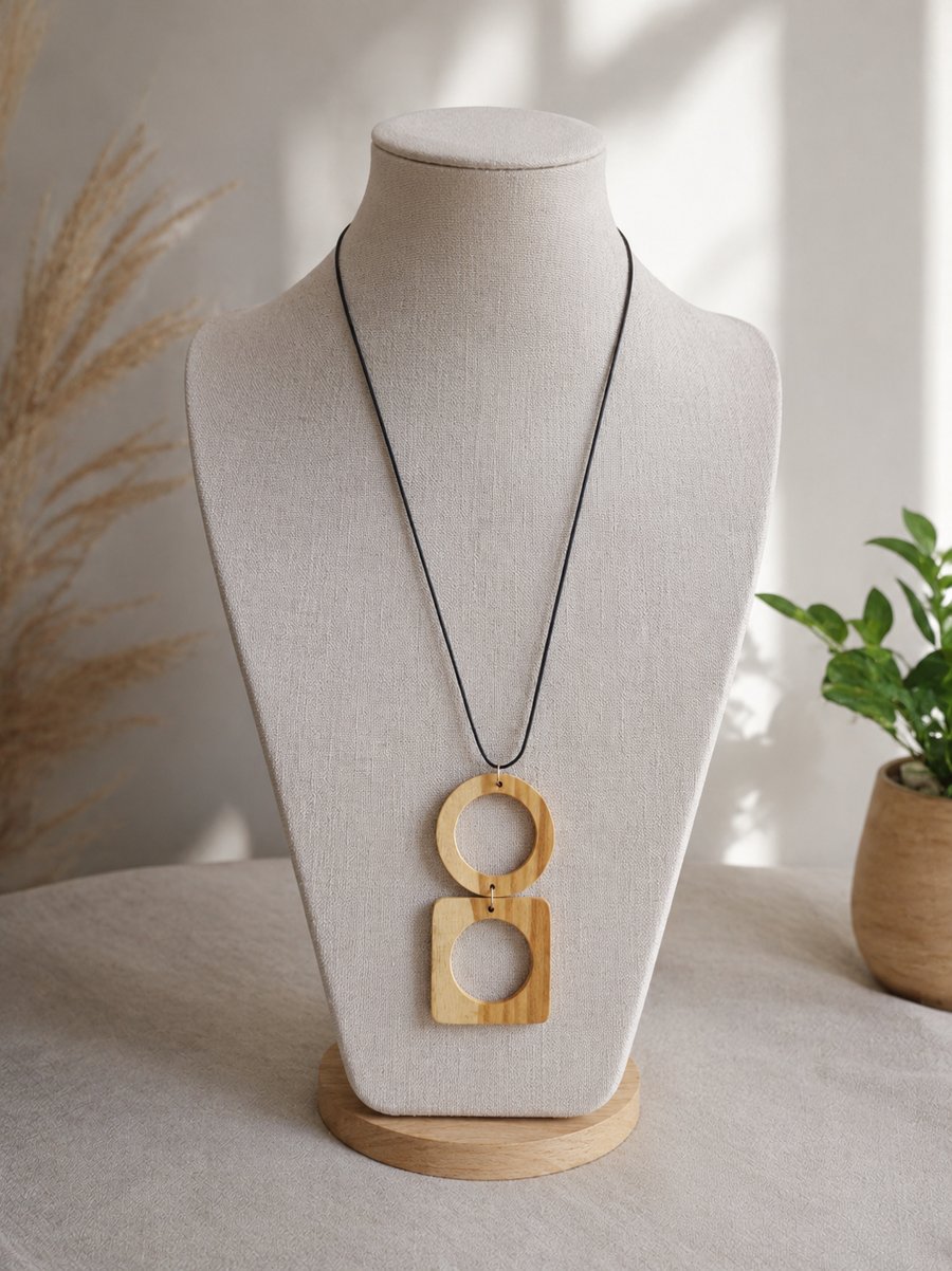 Upcycled wood jewellery, wood & leather pendant, geometric wooden necklace