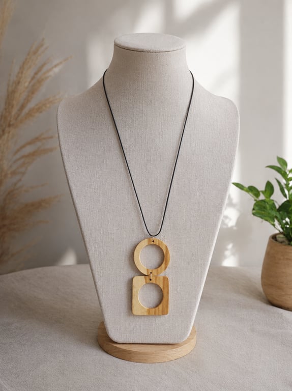 Upcycled wood jewellery, wood & leather pendant, geometric wooden necklace
