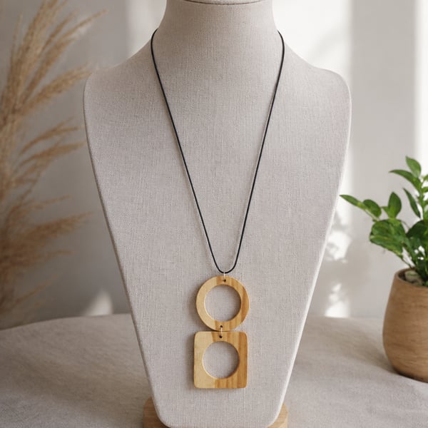 Upcycled wood jewellery, wood & leather pendant, geometric wooden necklace
