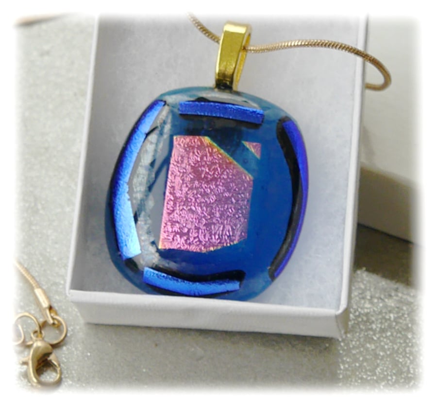 Dichroic Glass Pendant 104 Blue Pink shimmer Handmade with gold plated chain